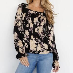 Polagram Black Floral Ruched Smocked Long Sleeve Top Black Brown NEW Size 3XL